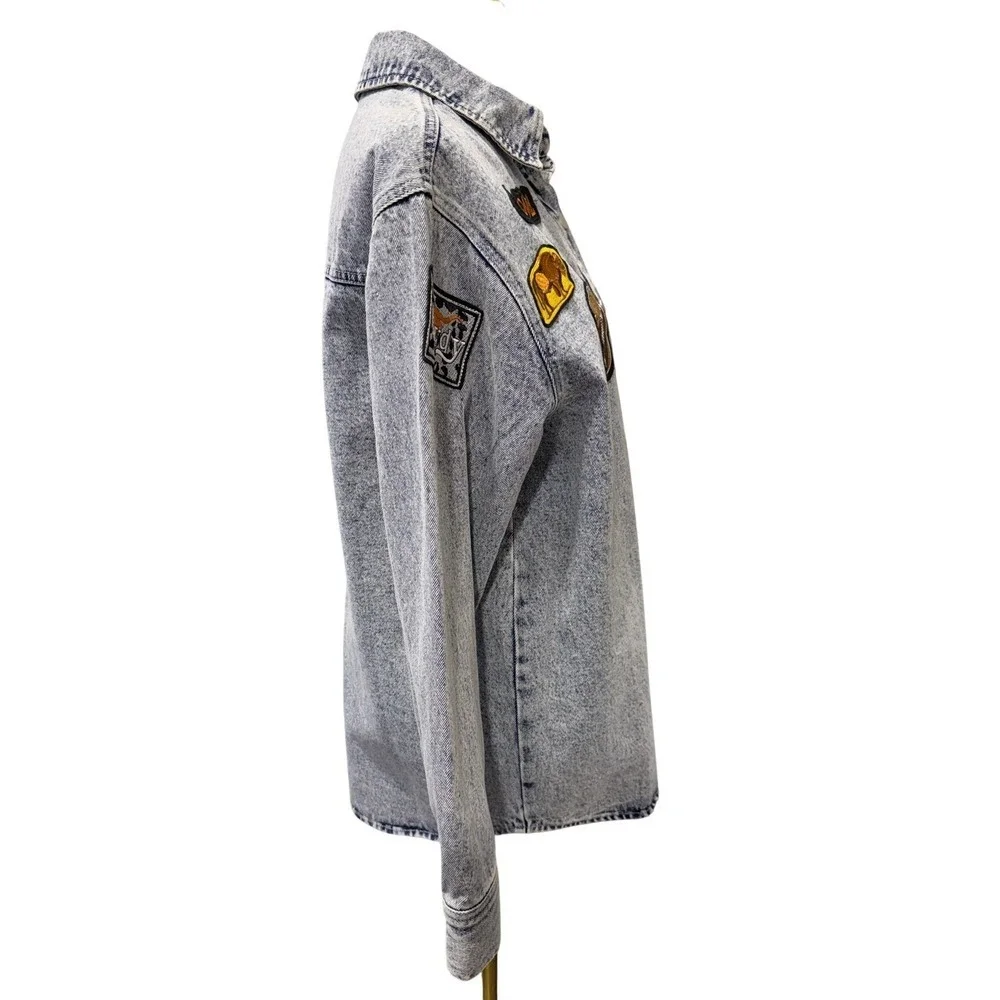 Blue‎ B Womens Acid Wash Denim Western Patch Oversized Shacket Light Blue S